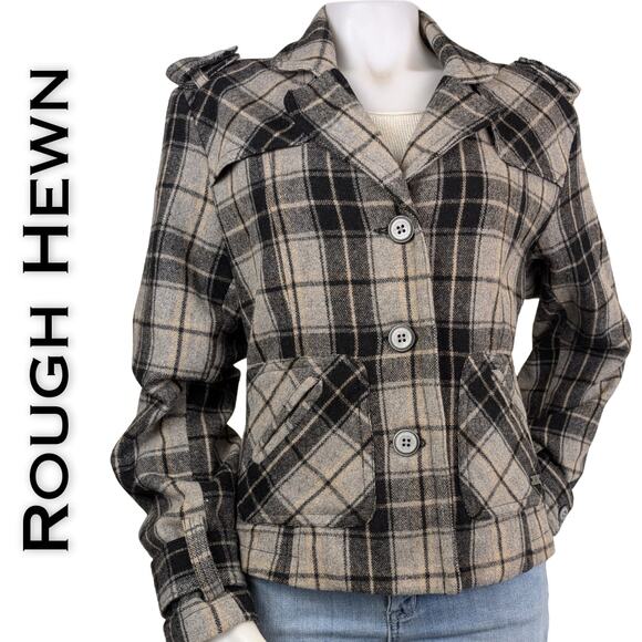 Rough Hewn Wool Blend Plaid Button Jacket XL Short Moto Peacoat Black Gray Tan - Picture 1 of 13